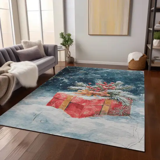 Blue And Red Botanical Leaves Washable Indoor Outdoor Area Rug Photo 7