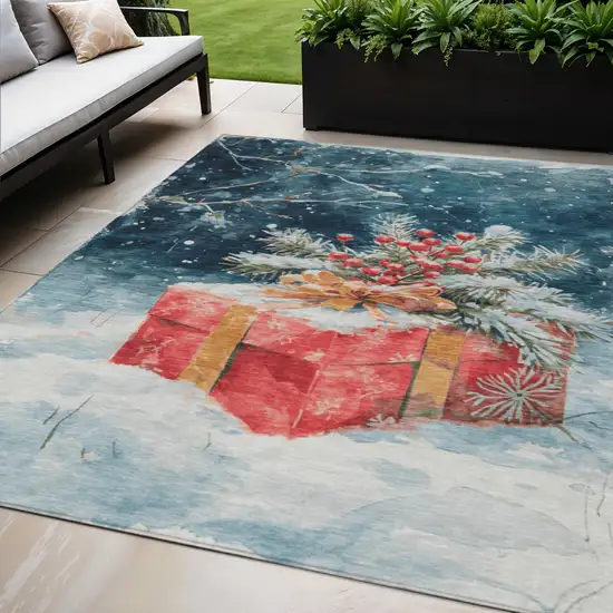 Blue And Red Botanical Leaves Washable Indoor Outdoor Area Rug Photo 2