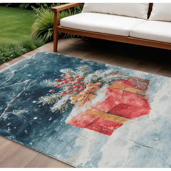 Blue And Red Botanical Leaves Washable Indoor Outdoor Area Rug Photo 2