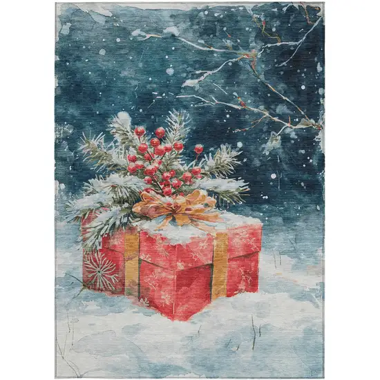 Blue And Red Botanical Leaves Washable Indoor Outdoor Area Rug Photo 4