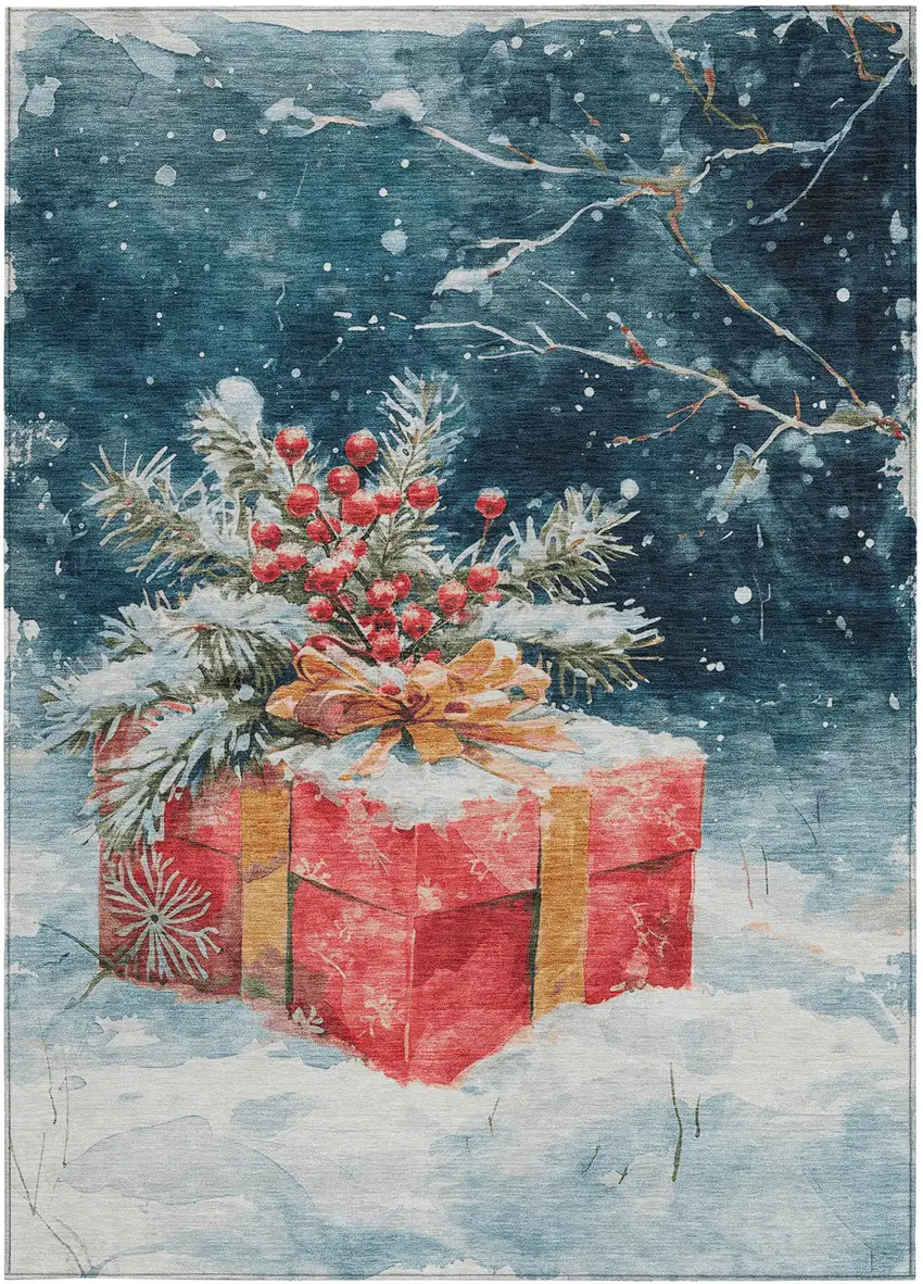 Blue And Red Botanical Leaves Washable Indoor Outdoor Area Rug Photo 4