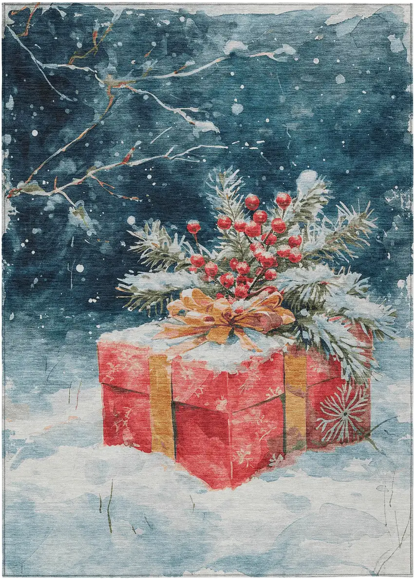 Blue And Red Botanical Leaves Washable Indoor Outdoor Area Rug Photo 1