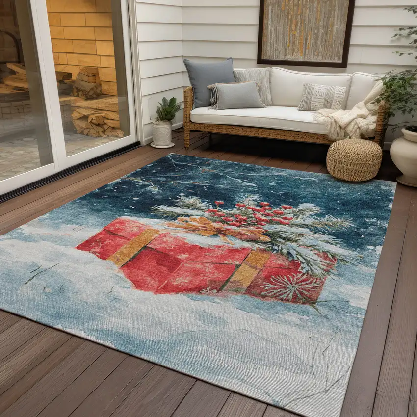 Blue And Red Botanical Leaves Washable Indoor Outdoor Area Rug Photo 5