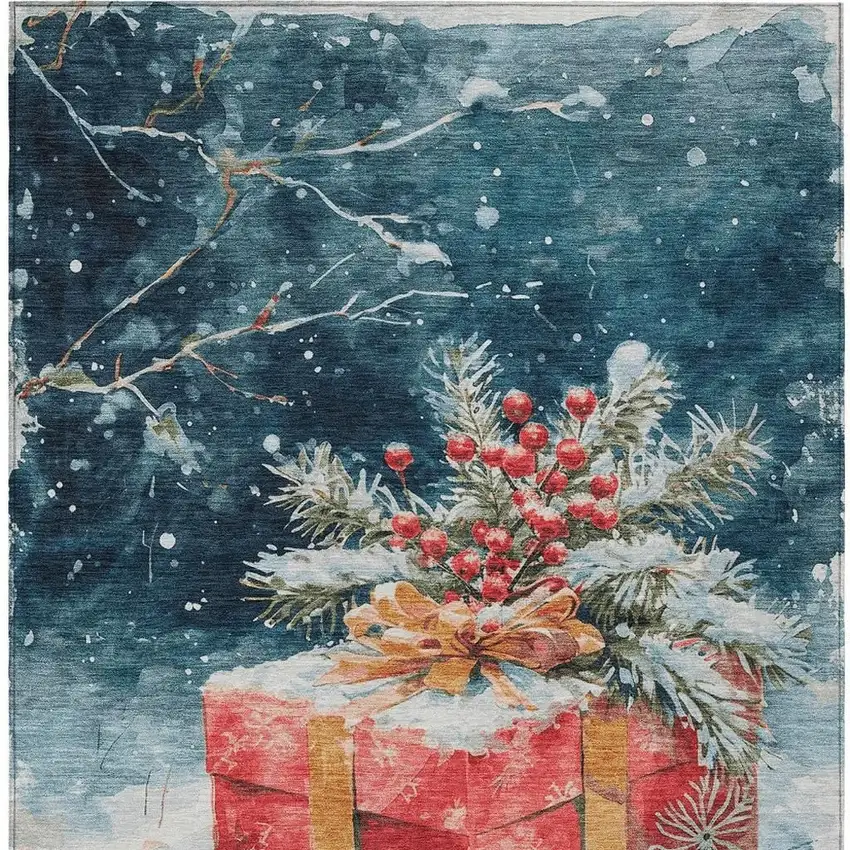 Blue And Red Botanical Leaves Washable Indoor Outdoor Area Rug Photo 3