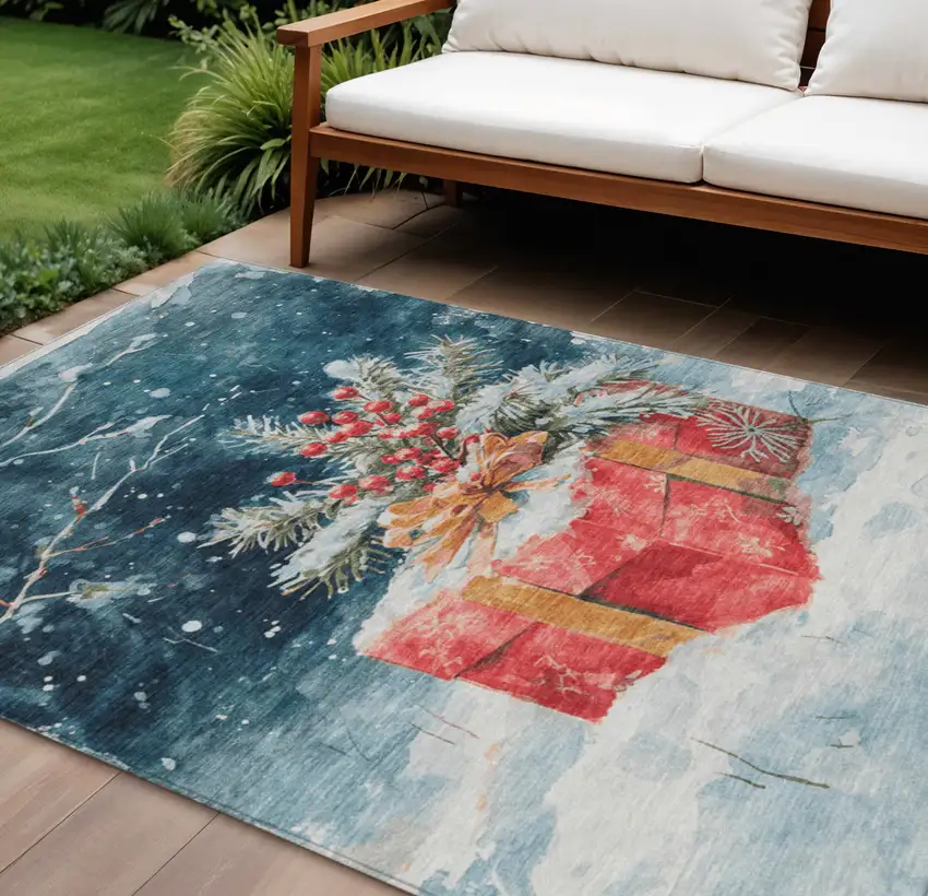 Blue And Red Botanical Leaves Washable Indoor Outdoor Area Rug Photo 2