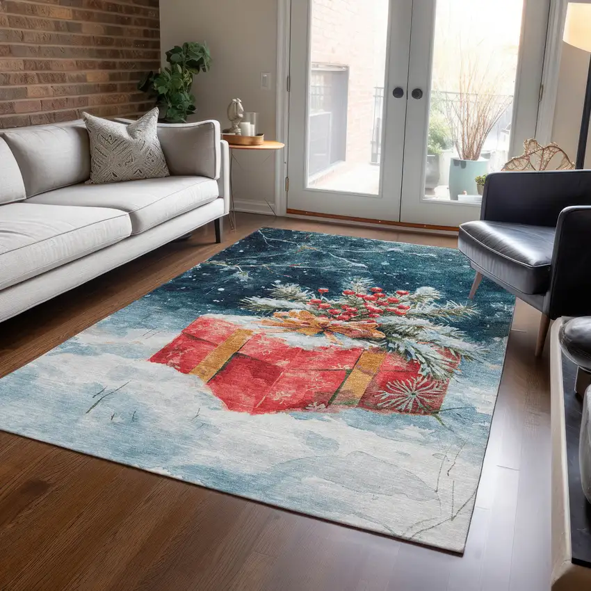 Blue And Red Botanical Leaves Washable Indoor Outdoor Area Rug Photo 6