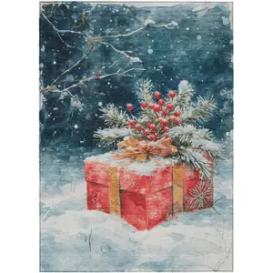 Photo of Blue And Red Botanical Leaves Washable Indoor Outdoor Area Rug