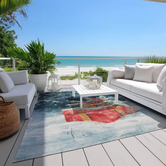 Blue And Red Botanical Leaves Washable Indoor Outdoor Area Rug Photo 8