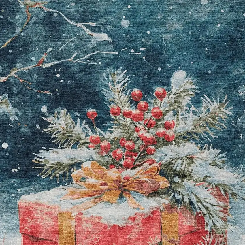 Blue And Red Botanical Leaves Washable Indoor Outdoor Area Rug Photo 3