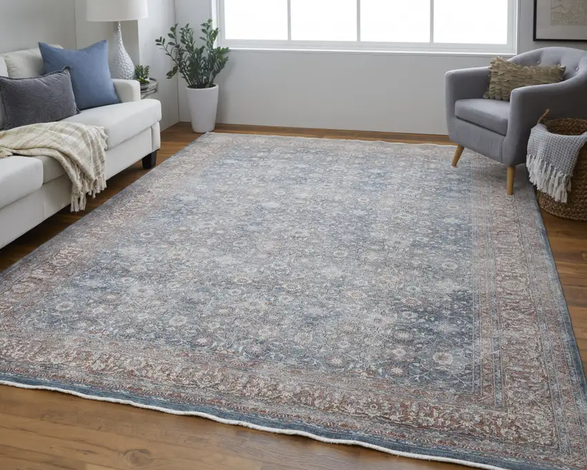 Blue And Red Floral Power Loom Stain Resistant Area Rug Photo 3