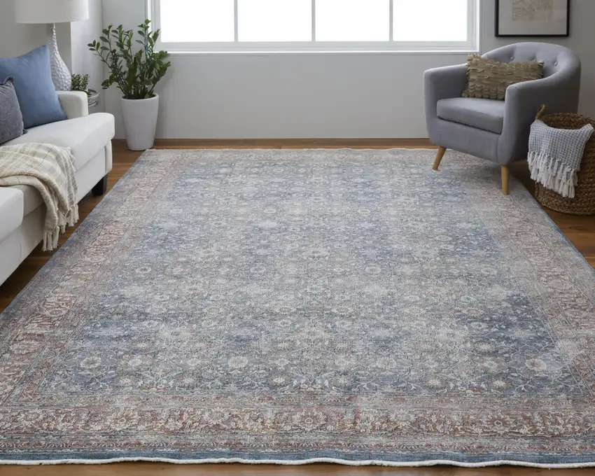Blue And Red Floral Power Loom Stain Resistant Area Rug Photo 5
