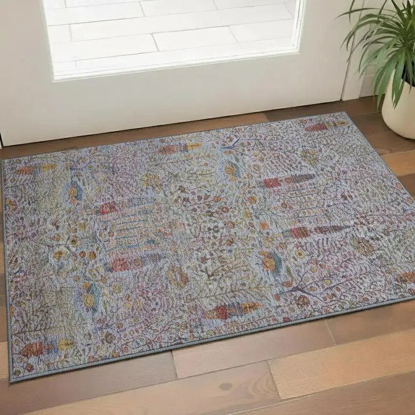 Blue And Red Floral Vines Washable Area Rug With UV Protection Photo 2