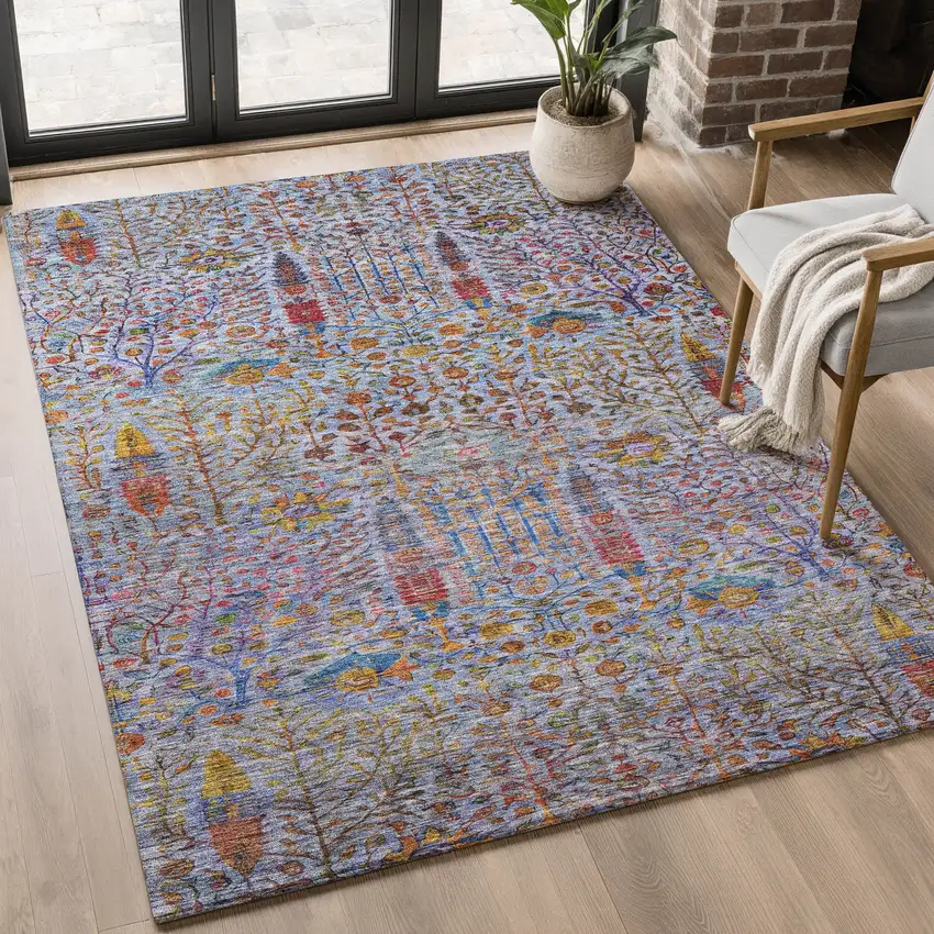 Blue And Red Floral Vines Washable Area Rug With UV Protection Photo 5
