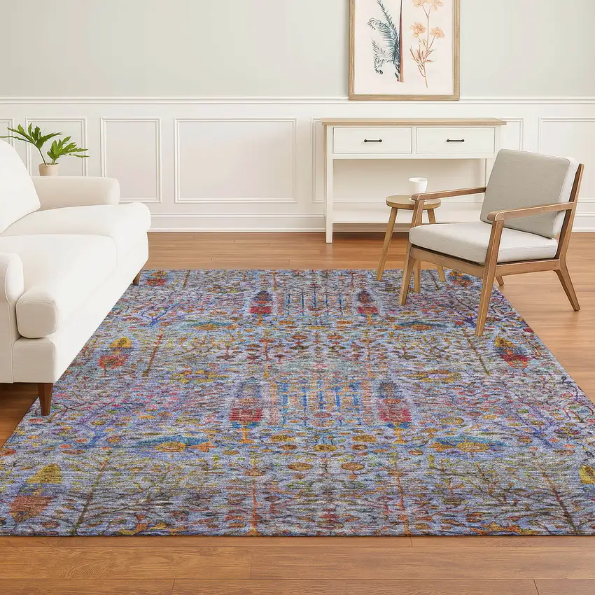 Blue And Red Floral Vines Washable Area Rug With UV Protection Photo 6