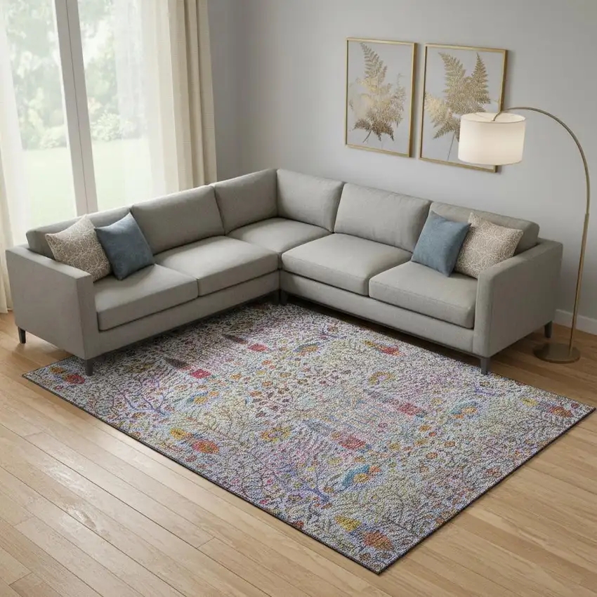 Blue And Red Floral Vines Washable Area Rug With UV Protection Photo 2