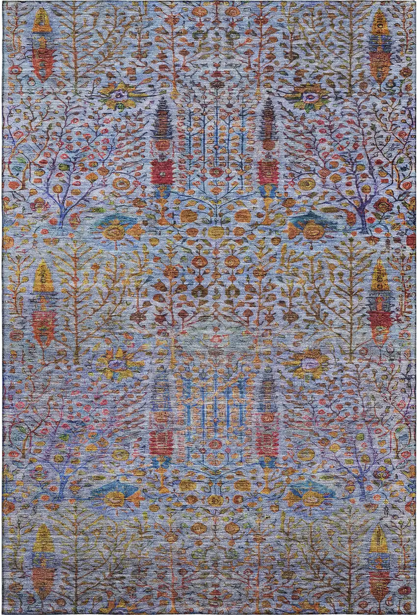 Blue And Red Floral Vines Washable Area Rug With UV Protection Photo 1