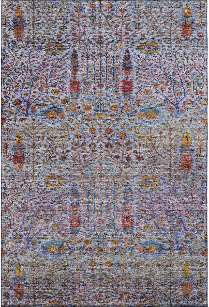 Blue And Red Floral Vines Washable Area Rug With UV Protection Photo 4