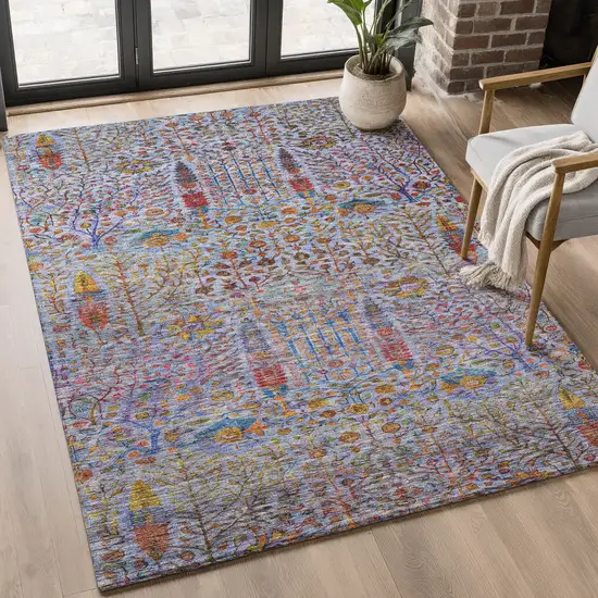 Blue And Red Floral Vines Washable Area Rug With UV Protection Photo 5