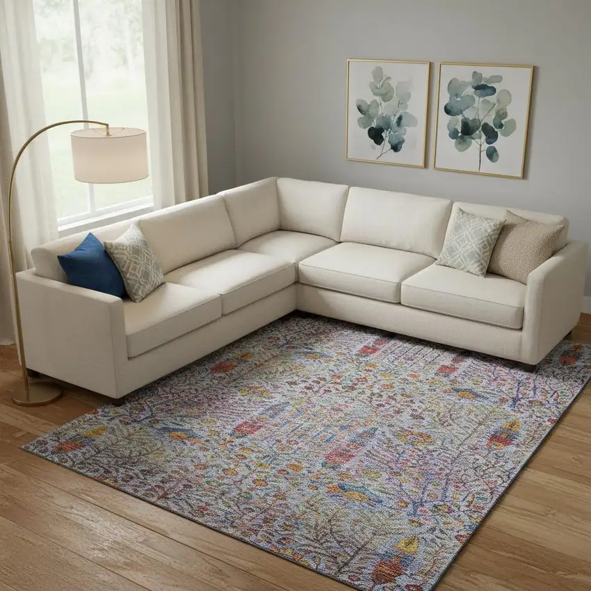 Blue And Red Floral Vines Washable Area Rug With UV Protection Photo 2