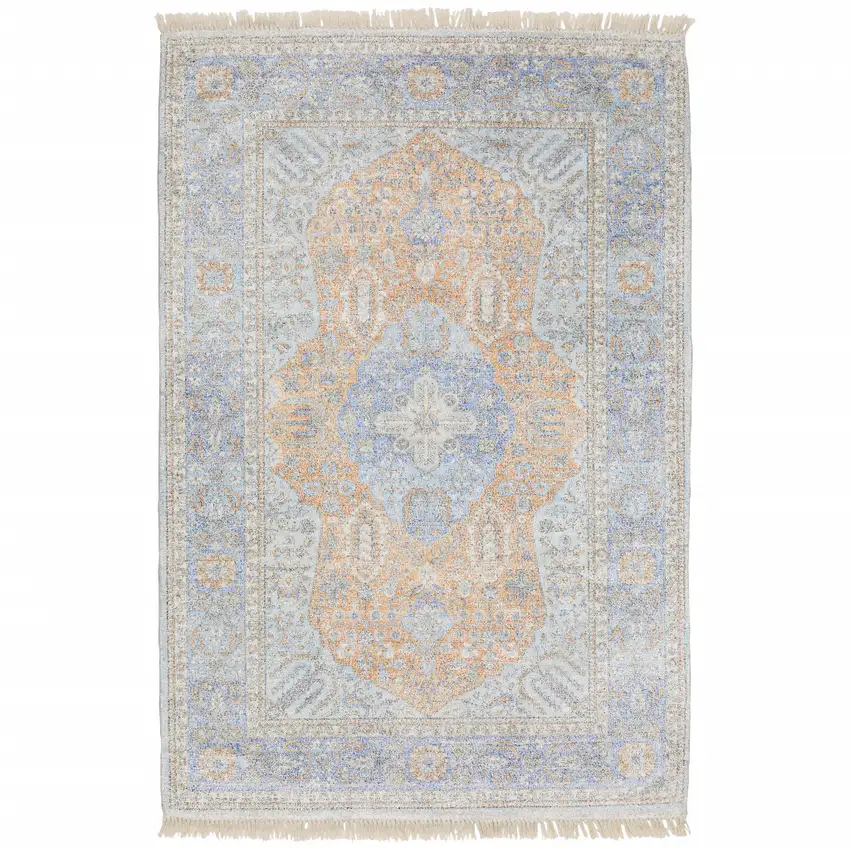 Blue And Red Oriental Hand Loomed Stain Resistant Area Rug With Fringe Photo 1