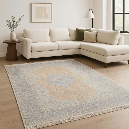 Blue And Red Oriental Hand Loomed Stain Resistant Area Rug With Fringe Photo 1