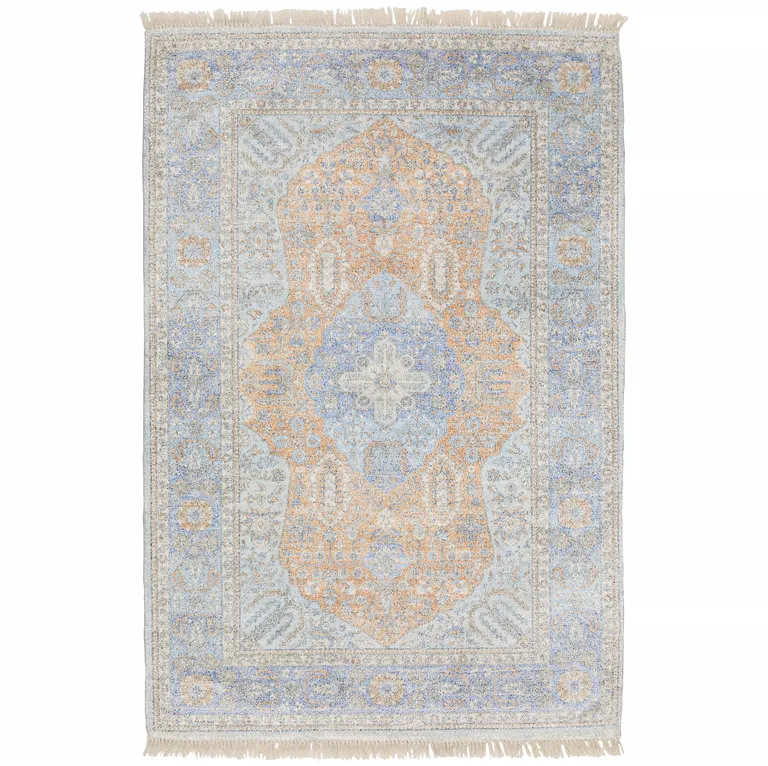 Blue And Red Oriental Hand Loomed Stain Resistant Area Rug With Fringe Photo 3