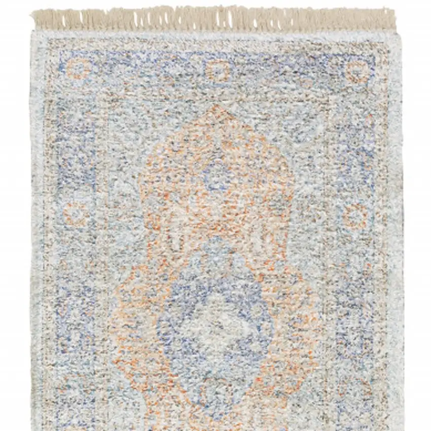 8' Ivory Blue and Orange Oriental Hand Loomed Runner Rug With Fringe Photo 4