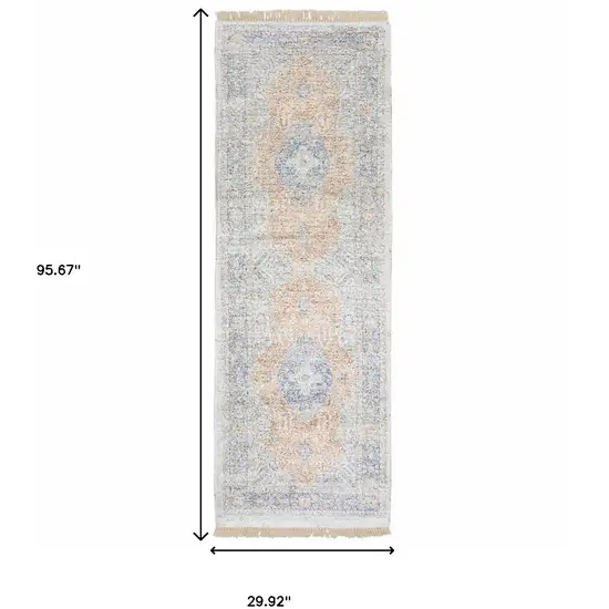 8' Ivory Blue and Orange Oriental Hand Loomed Runner Rug With Fringe Photo 3