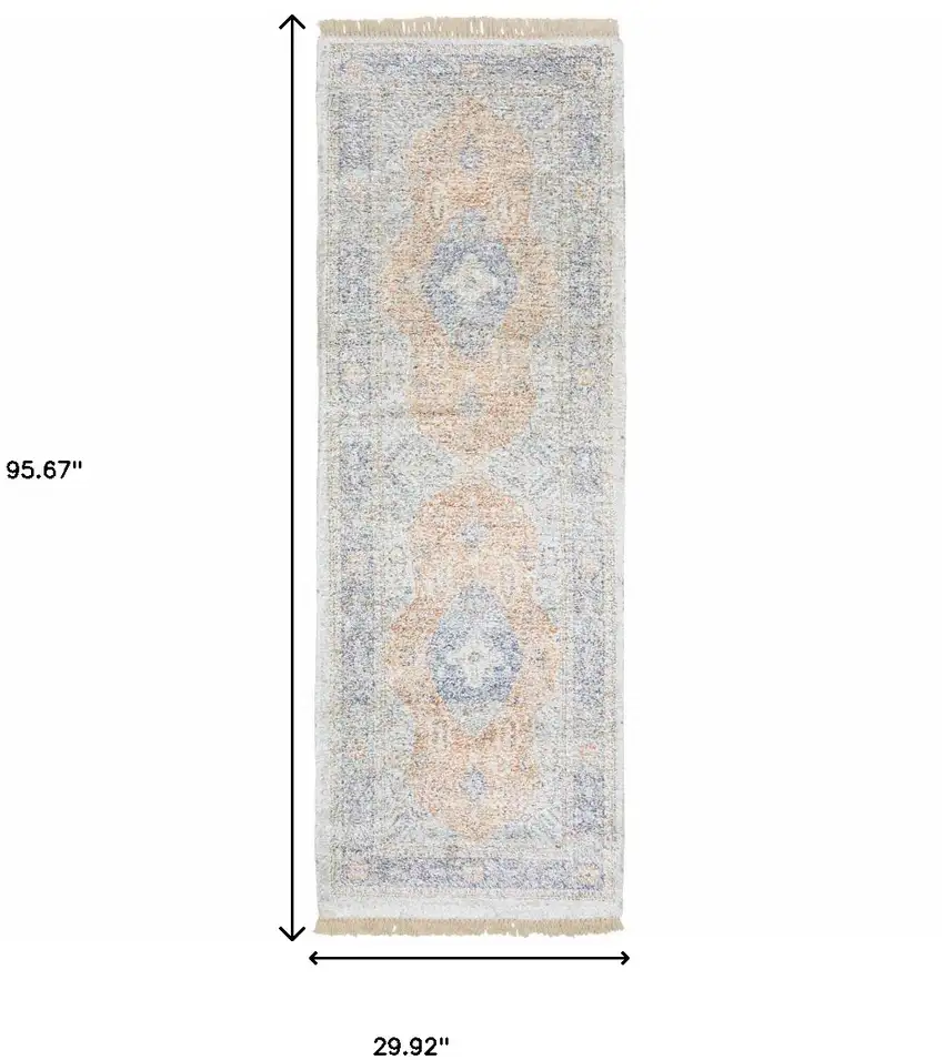 8' Ivory Blue and Orange Oriental Hand Loomed Runner Rug With Fringe Photo 3