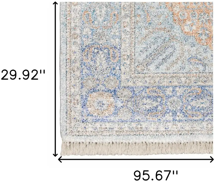 Blue And Red Oriental Hand Loomed Stain Resistant Runner Rug With Fringe Photo 10