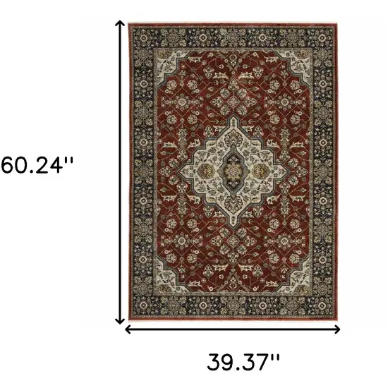 Red And Ivory Oriental Area Rug With Fringe Photo 3