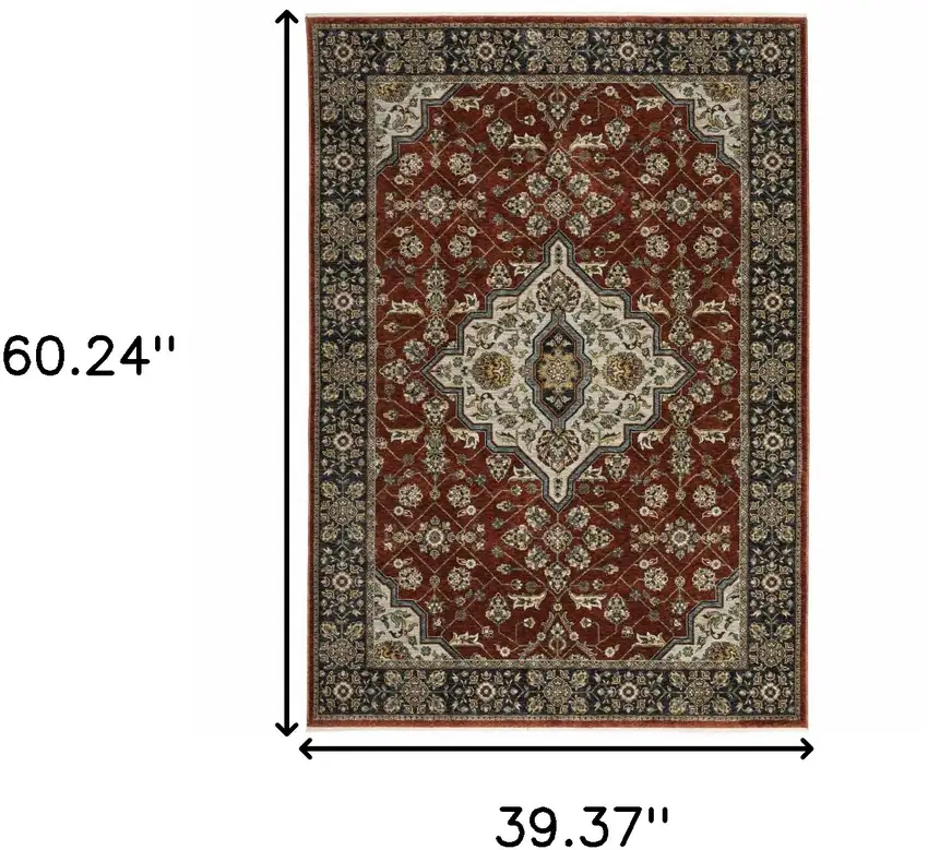 Red And Ivory Oriental Area Rug With Fringe Photo 3