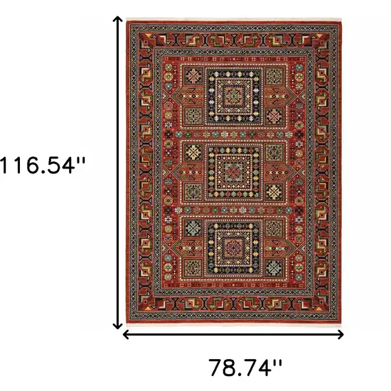 6' X 9' Blue And Red Oriental Power Loom Area Rug With Fringe Photo 3