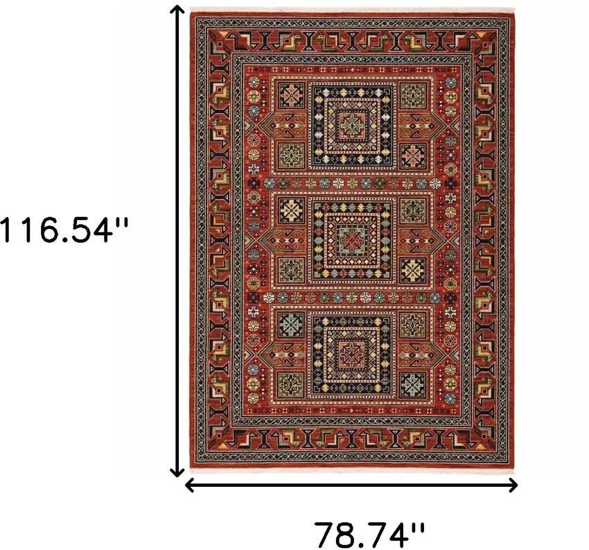 6' X 9' Blue And Red Oriental Power Loom Area Rug With Fringe Photo 3