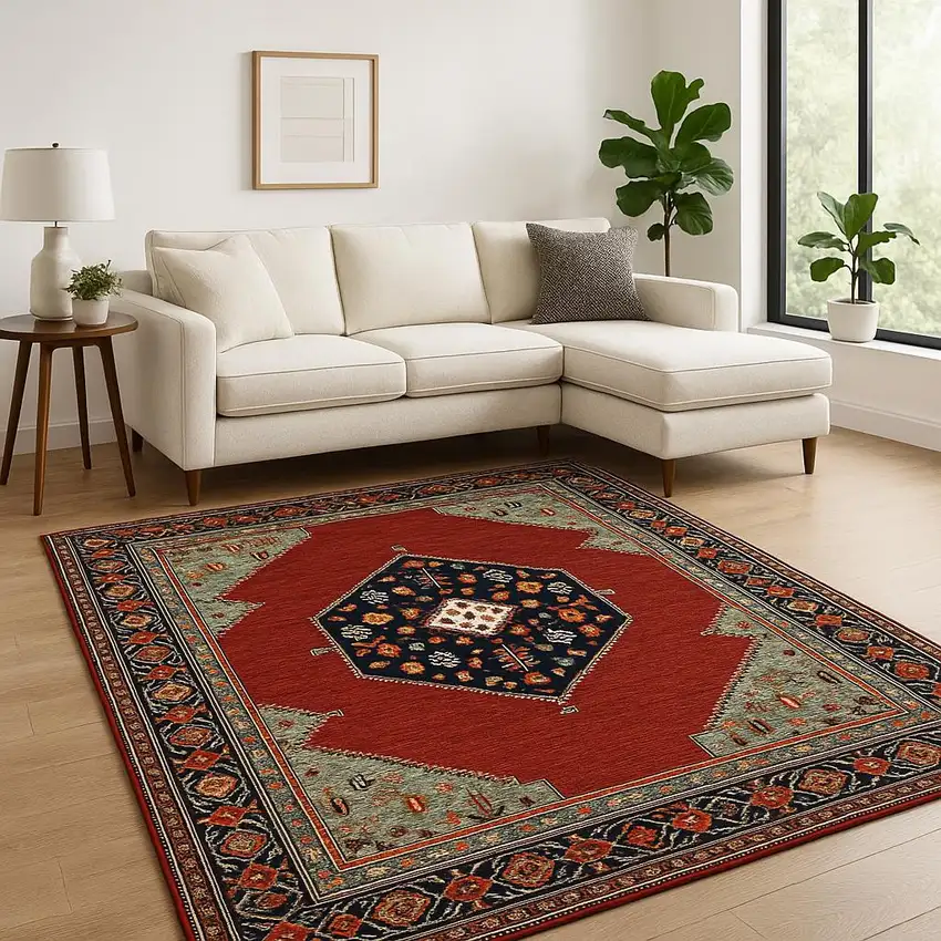 6' X 9' Blue And Red Oriental Power Loom Area Rug With Fringe Photo 1