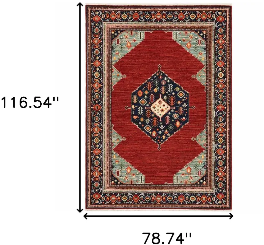 6' X 9' Blue And Red Oriental Power Loom Area Rug With Fringe Photo 3