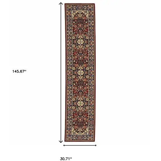12' Blue And Red Genuine Wool Oriental Runner Rug With Fringe Photo 3
