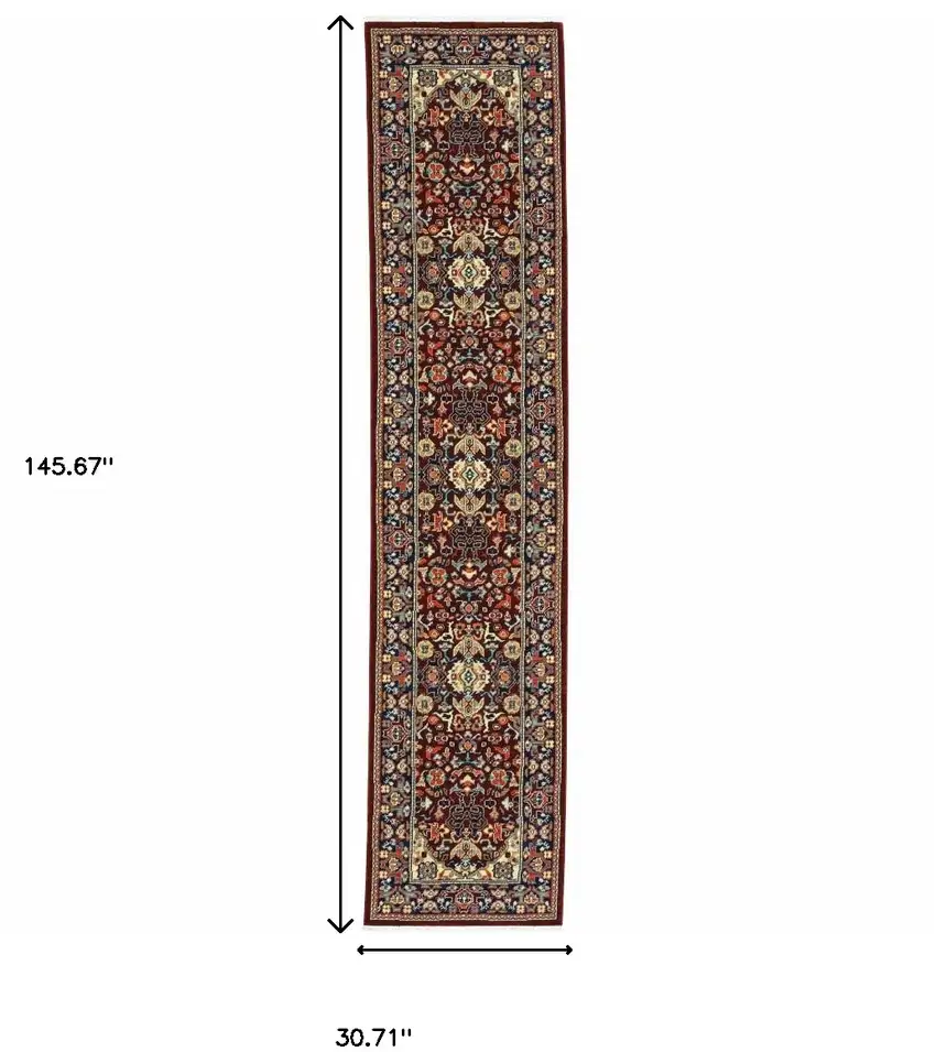 12' Blue And Red Genuine Wool Oriental Runner Rug With Fringe Photo 3