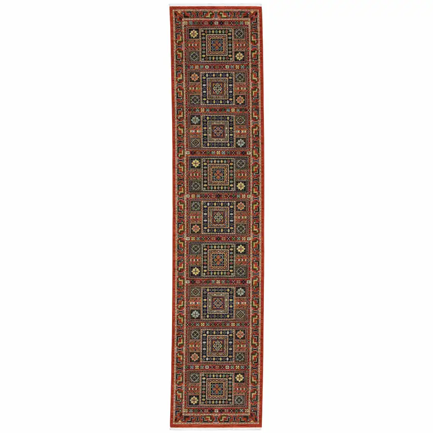 Blue And Red Oriental Power Loom Runner Rug With Fringe Photo 2