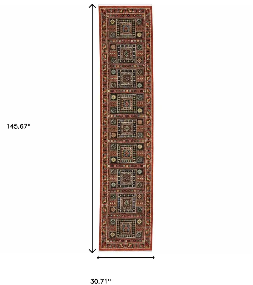 Blue And Red Oriental Power Loom Runner Rug With Fringe Photo 9