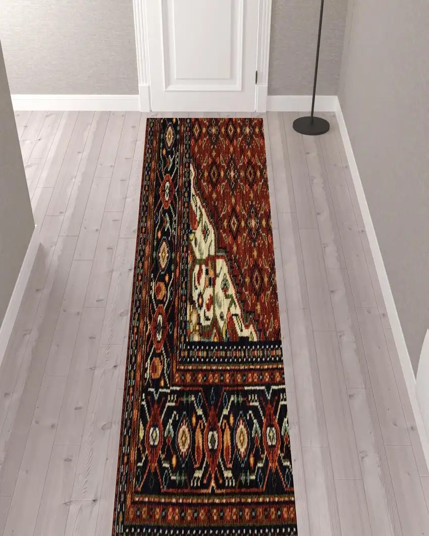 Blue And Red Oriental Power Loom Runner Rug With Fringe Photo 4