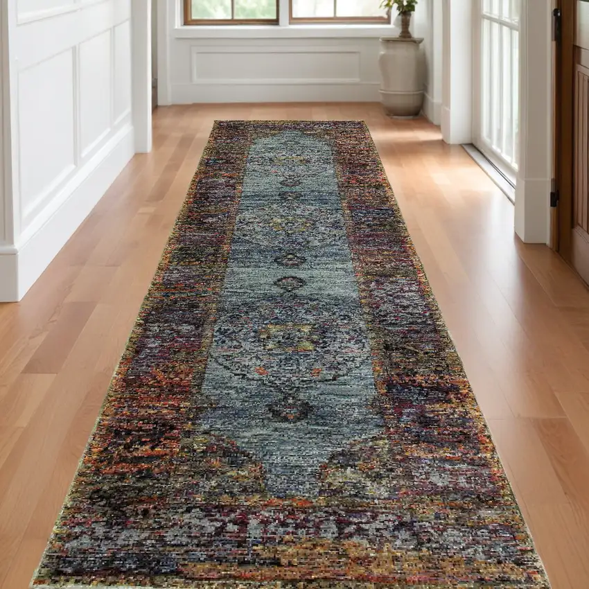 12' Runner Blue and Red Oriental Power Loom Runner Rug Photo 1