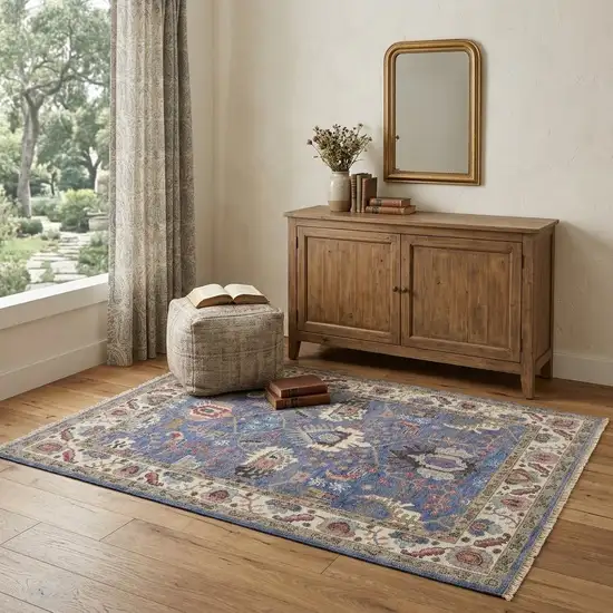 Blue And Red Wool Floral Hand Knotted Stain Resistant Area Rug Photo 1