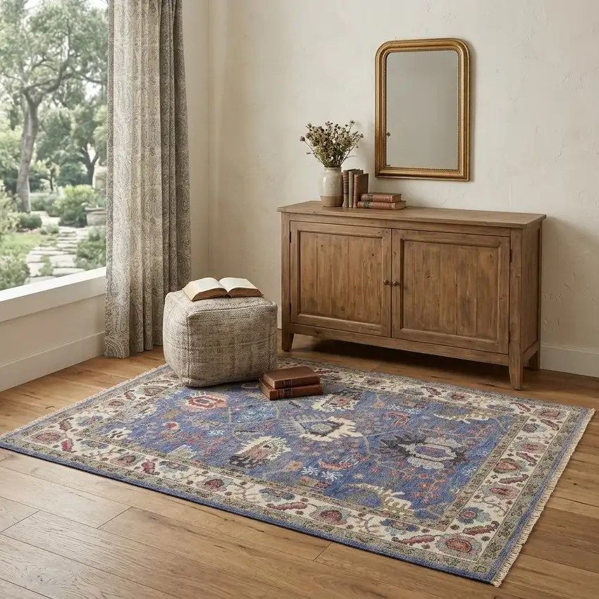 Blue And Red Wool Floral Hand Knotted Stain Resistant Area Rug Photo 1