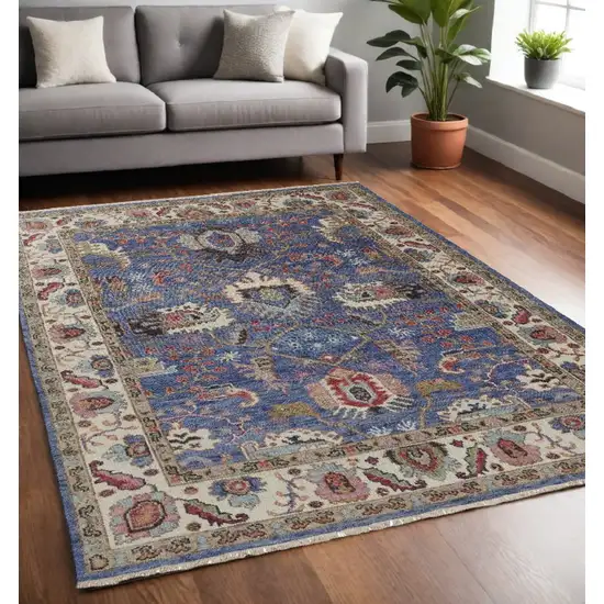 Blue And Red Wool Floral Hand Knotted Stain Resistant Area Rug Photo 5