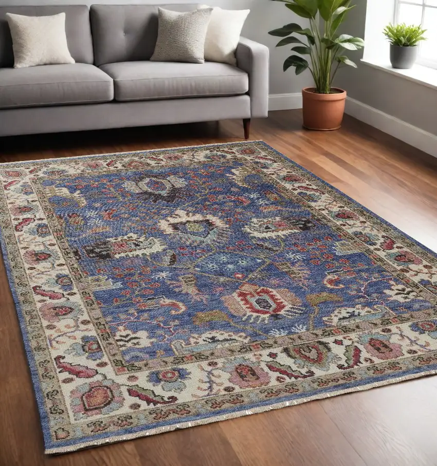 Blue And Red Wool Floral Hand Knotted Stain Resistant Area Rug Photo 1