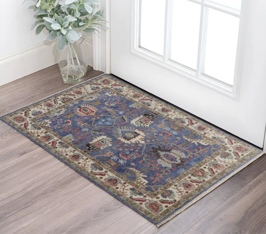 Blue and Beige Wool Floral Hand Knotted Area Rug Photo 1