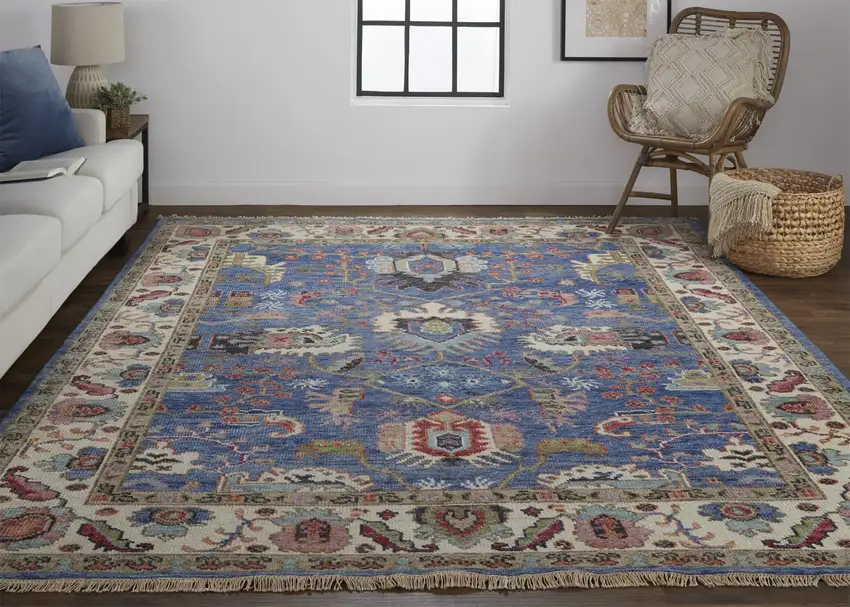 Blue And Red Wool Floral Hand Knotted Stain Resistant Area Rug Photo 6