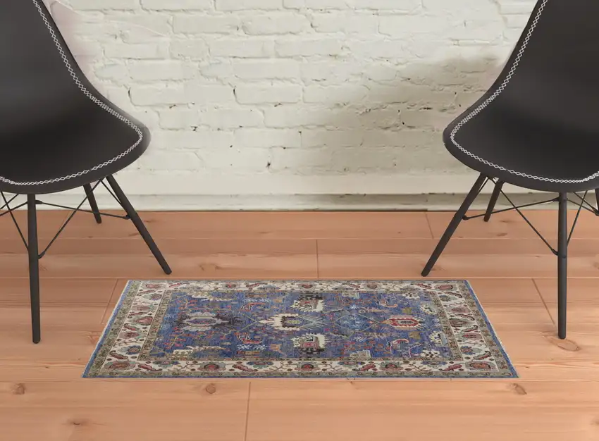 Blue And Red Wool Floral Hand Knotted Stain Resistant Area Rug Photo 2