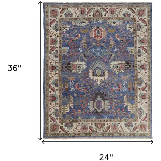 Blue and Beige Wool Floral Hand Knotted Area Rug Photo 3